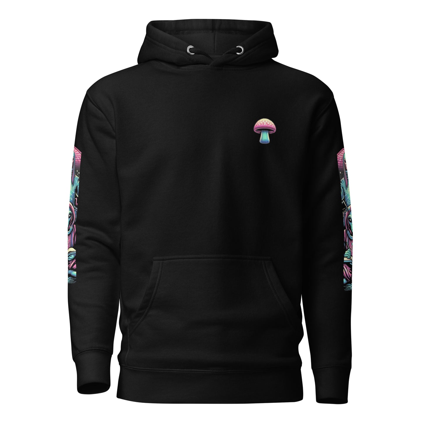 Psychedelic Mushrooms, Alien Ape Hoodie, Front View With Sleeves
